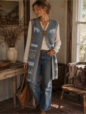 Twist Womens Sweater Vest Sz Medium Blue Gray Boho Longline Wool Southwestern